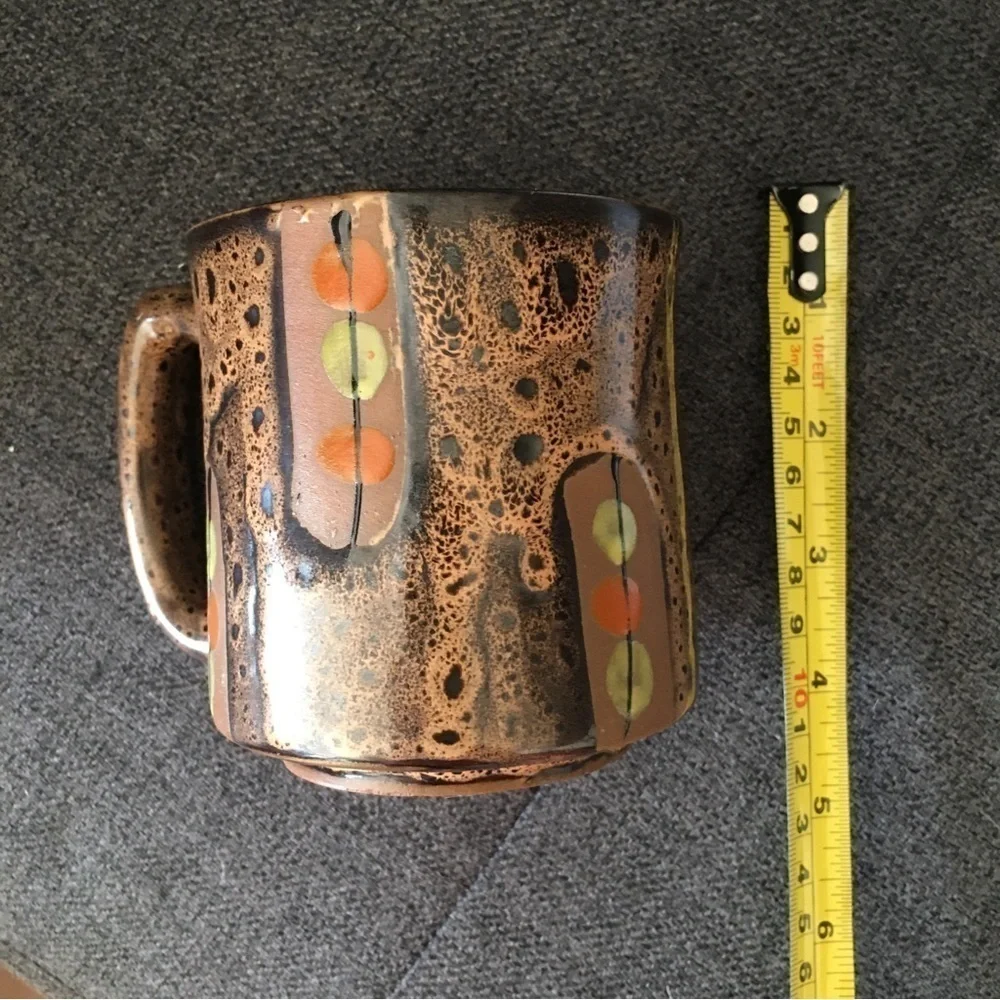 Handmade Mug in Neutral + Neon Artistic Splatter Pattern, Brown, Orange, 10oz